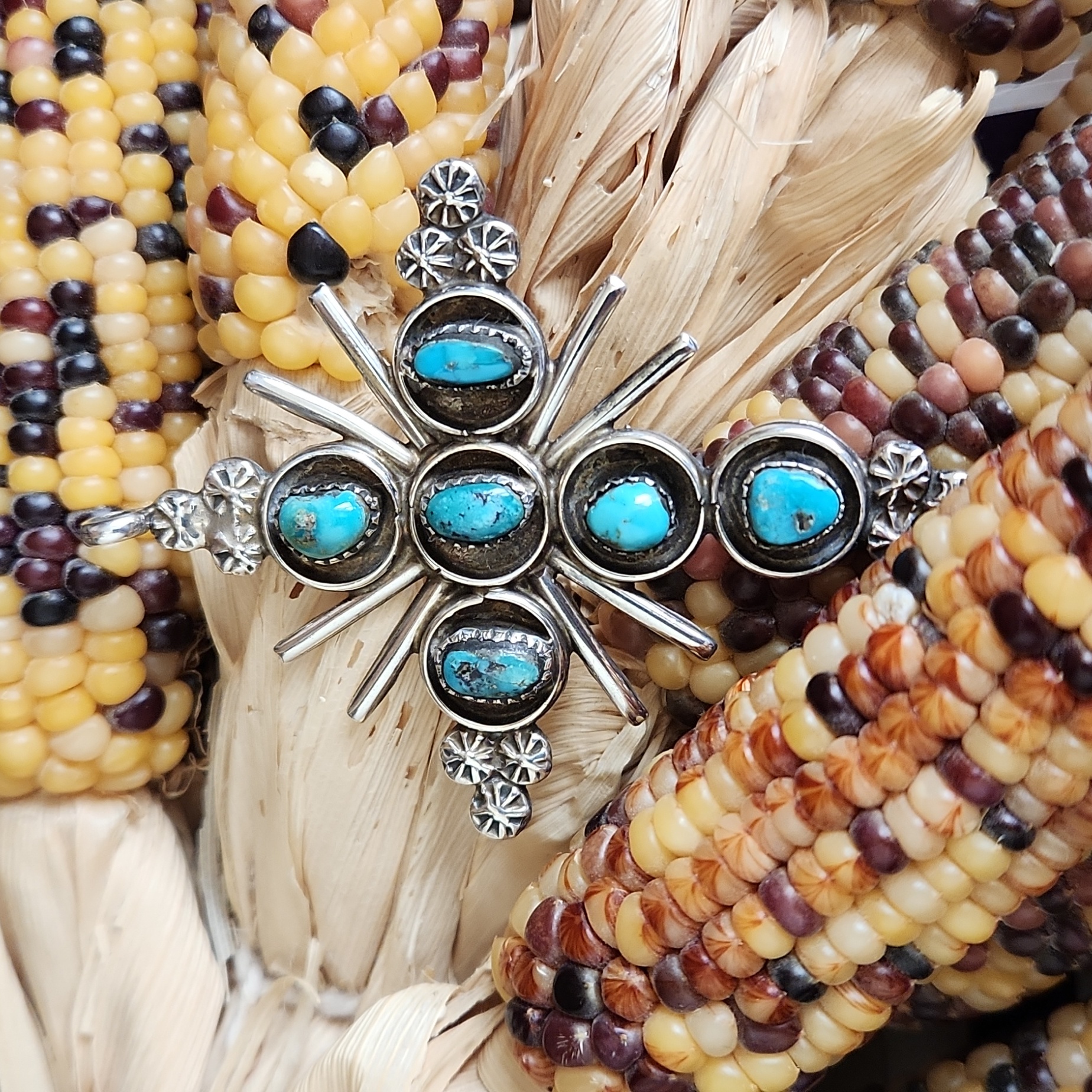 Stunning Native American Navajo Vintage Turquoise And Sterling Cross Pendant